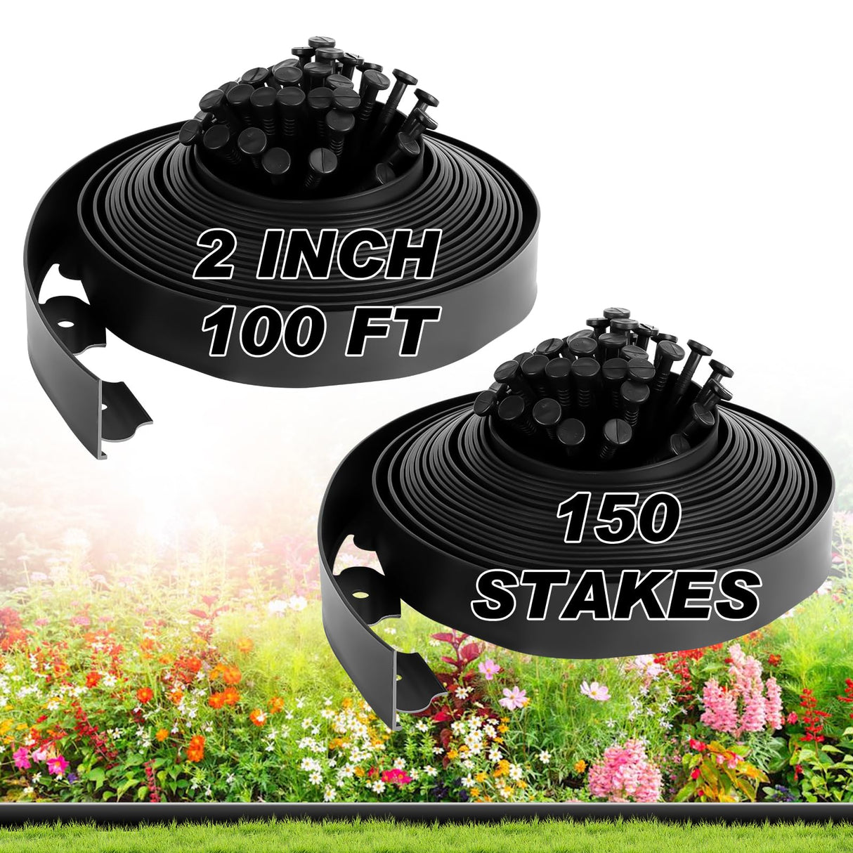 Tegarbed No Dig Landscape Edging 2 Inch x 100 FT, Heavy Duty Flexible Plastic Garden Border with 150 Spiral Spikes, Lawn Edging for Flower Beds, Walkways, Tree Rings, Mulch Beds and Landscaping, Black