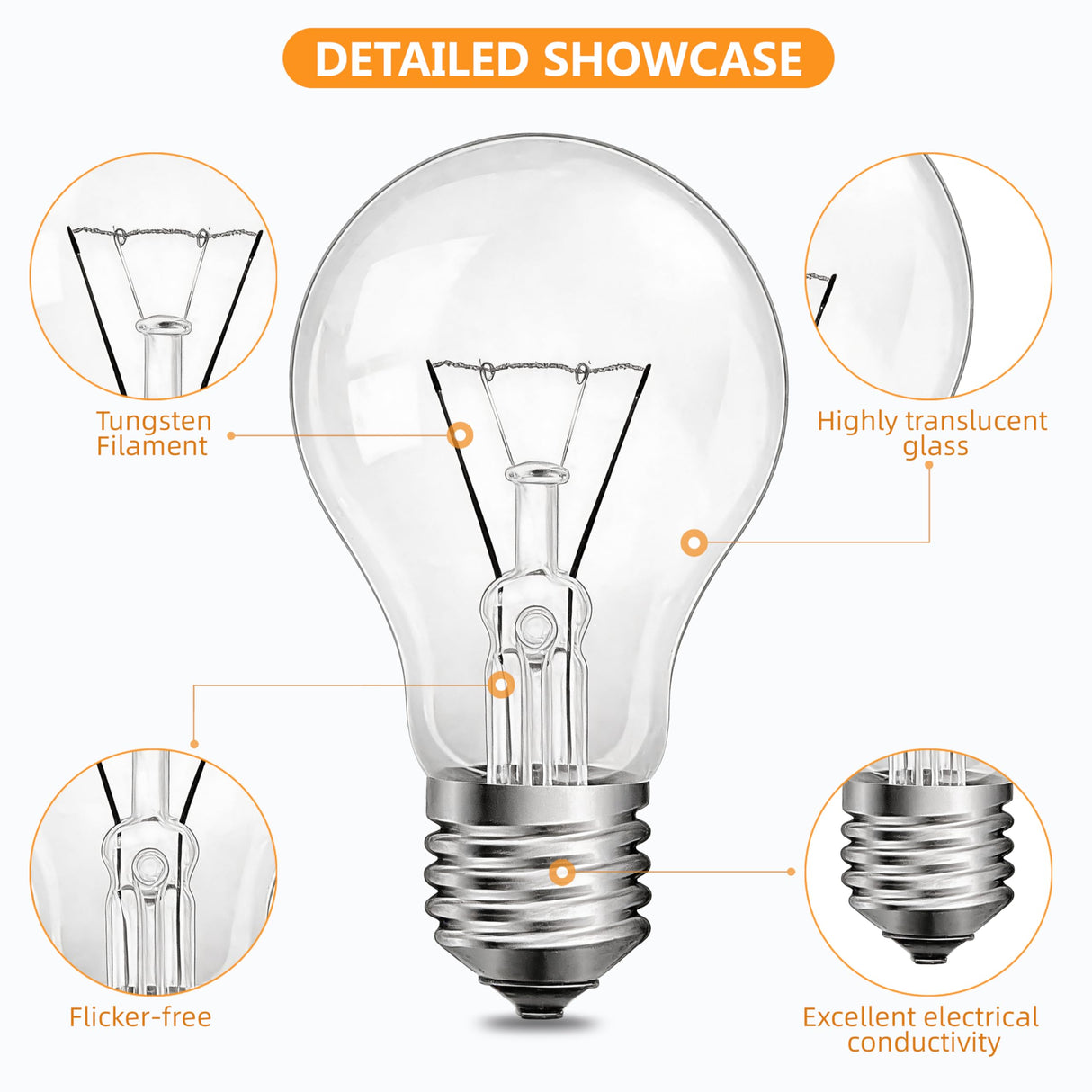 JUNFMLY Clear 60 Watt Incandescent Light Bulbs, A19 Shape, Dimmable, 2700K Soft White, E26 Base, 6 Pack