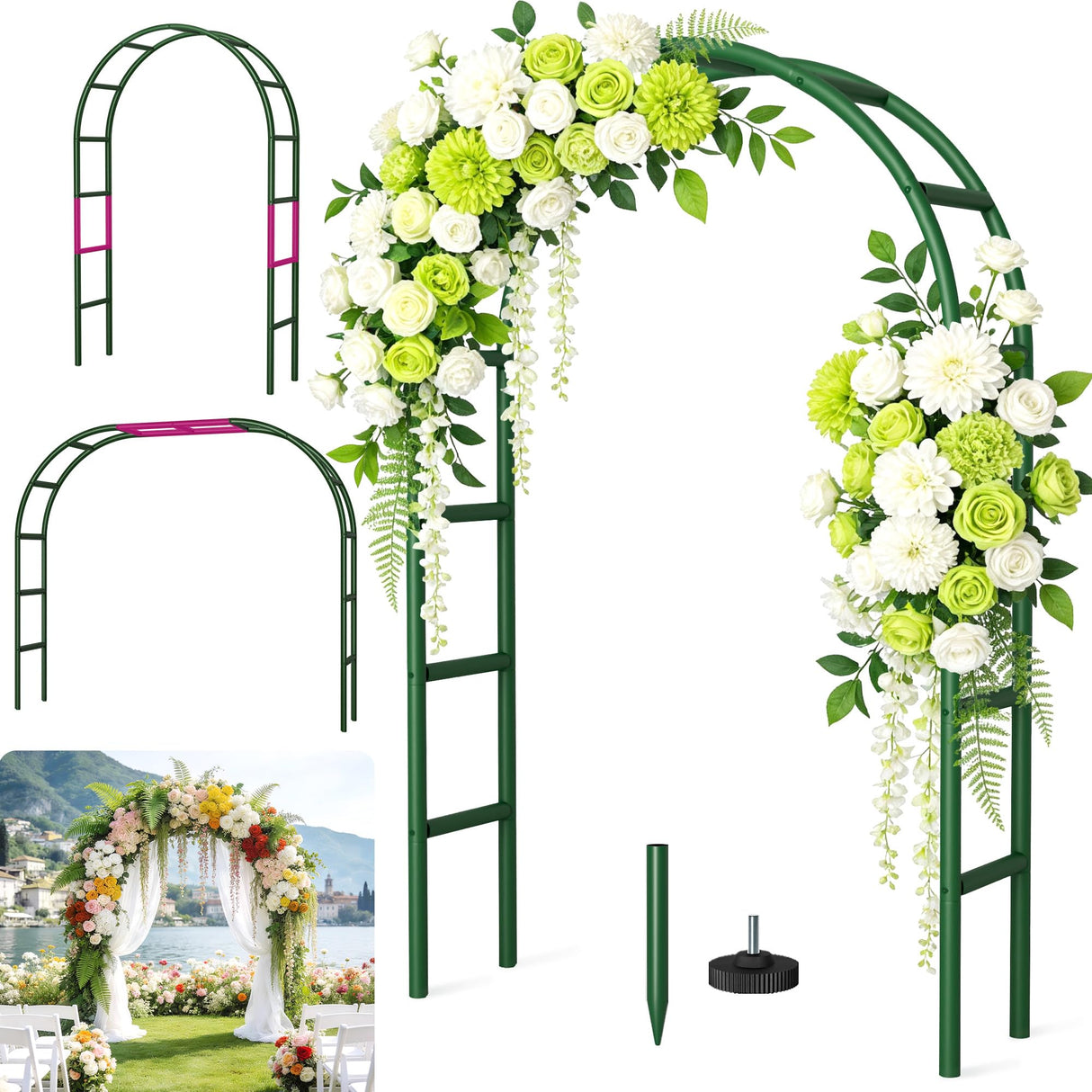 Fecita Thickened Rustproof Garden Arch Metal Trellis for Climbing Plants Outdoor, Wedding Arch Garden Arbor Frame Archway 4.9 x8.1 or 7.9 x6.7Ft Flower Arches for Bridal Party Decoration (Green)