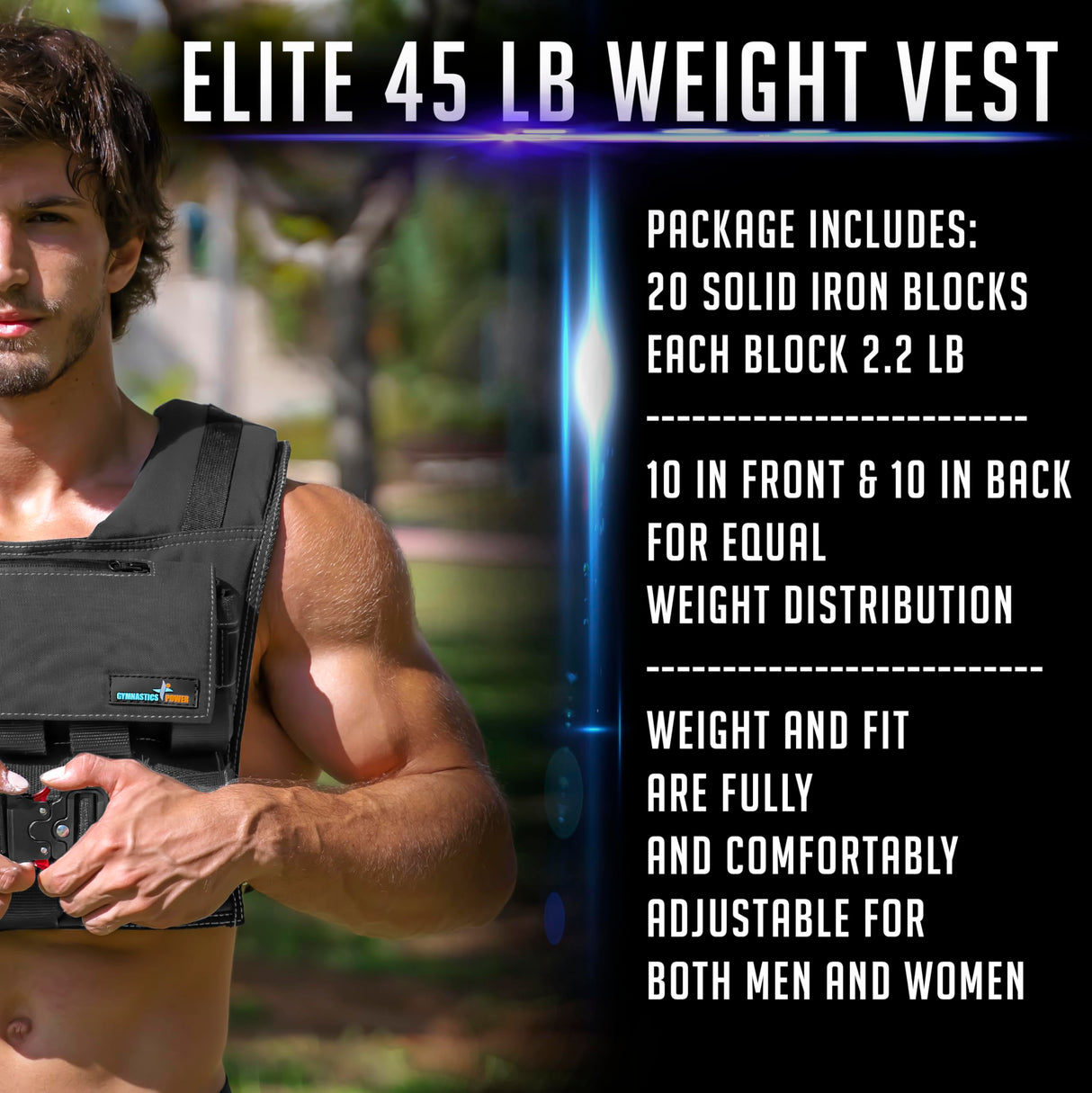 Gymnastics Power - Weighted Vest 6lb, 10lb, 12lb, 25lb, 35lb, 45lb, 60lb Removable Iron Weights for Men and Women Workout for Calisthenics and Fitness Sport Training (45 LB - Black)