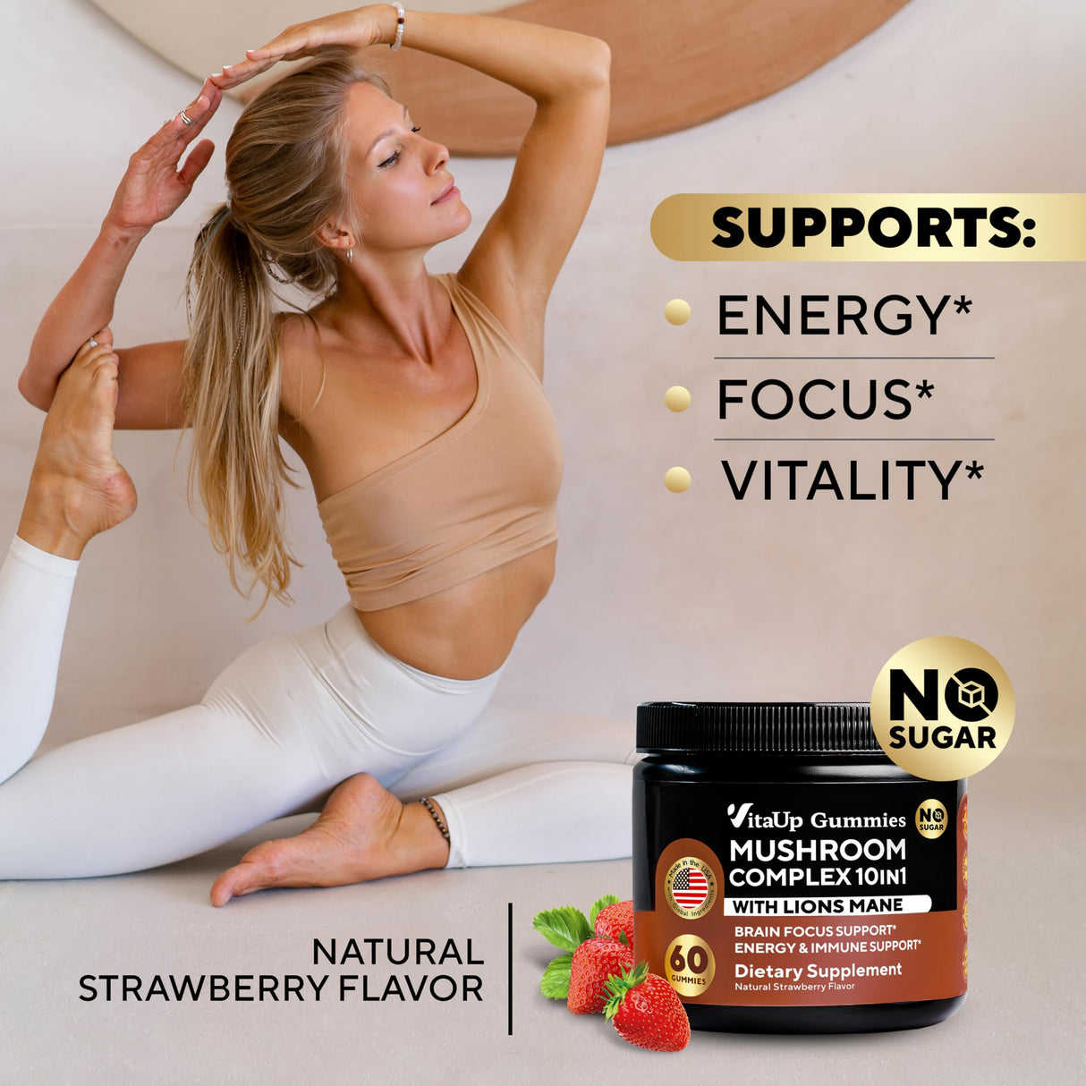 VitaUp Mushroom Gummies for Adults - USA Made 10 in 1 Mushroom Supplement - Mushroom Complex with Lions Mane, Cordyceps, Turkey Tail, Reishi, Shiitake for Cognitive & Immune Support - 60 Count