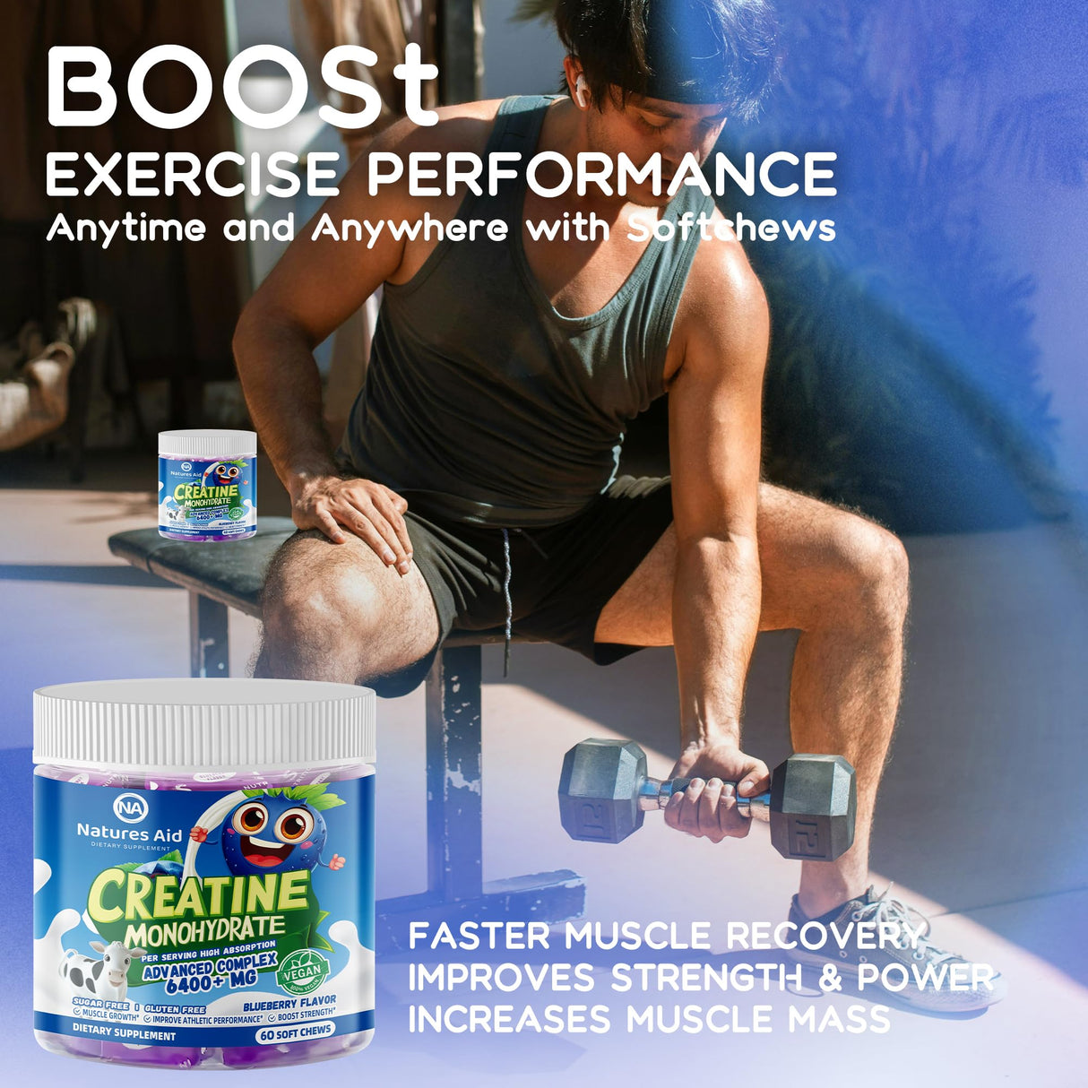 Creatine Monohydrate Chews Complex for Men & Women -Advanced Formula W/L-Taurine + Vitamin B12, Sugar Free Chewable Supplement,60 Blueberry Softchews