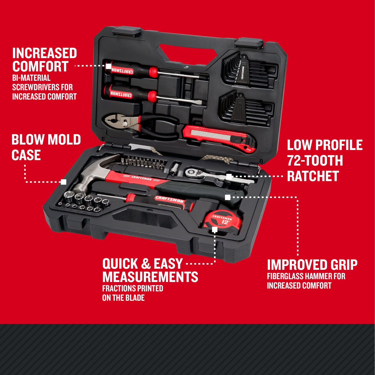 CRAFTSMAN 57 Piece Mechanics Tool Set Home Tool Set, Sockets, Ratchet, Screwdrivers, Hammer, Pliers, Hex Keys, Specialty Bits Hand Tools (CMMT99447)