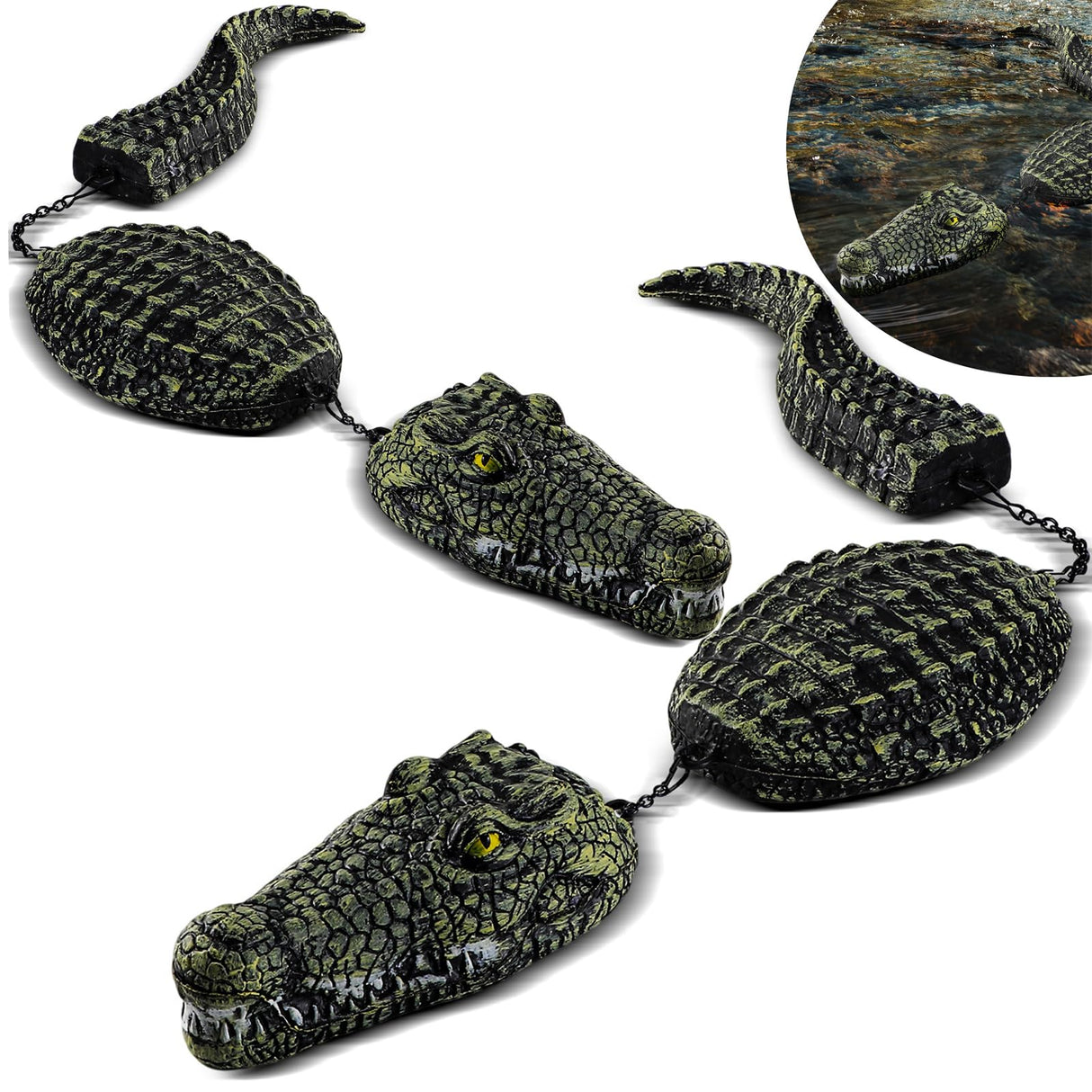 Floating Crocodile Sculpture, 3-Section Simulated Floating Alligator, Pond Floating Alligator Bait for Garden Pond Backyard Decoration (2-Pack)