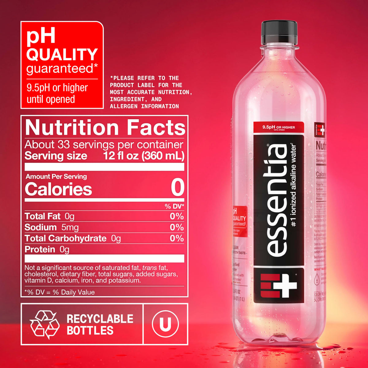Essentia Ionized Alkaline Water, 9.5+ pH, 99.9% Pure, 12 x 1L