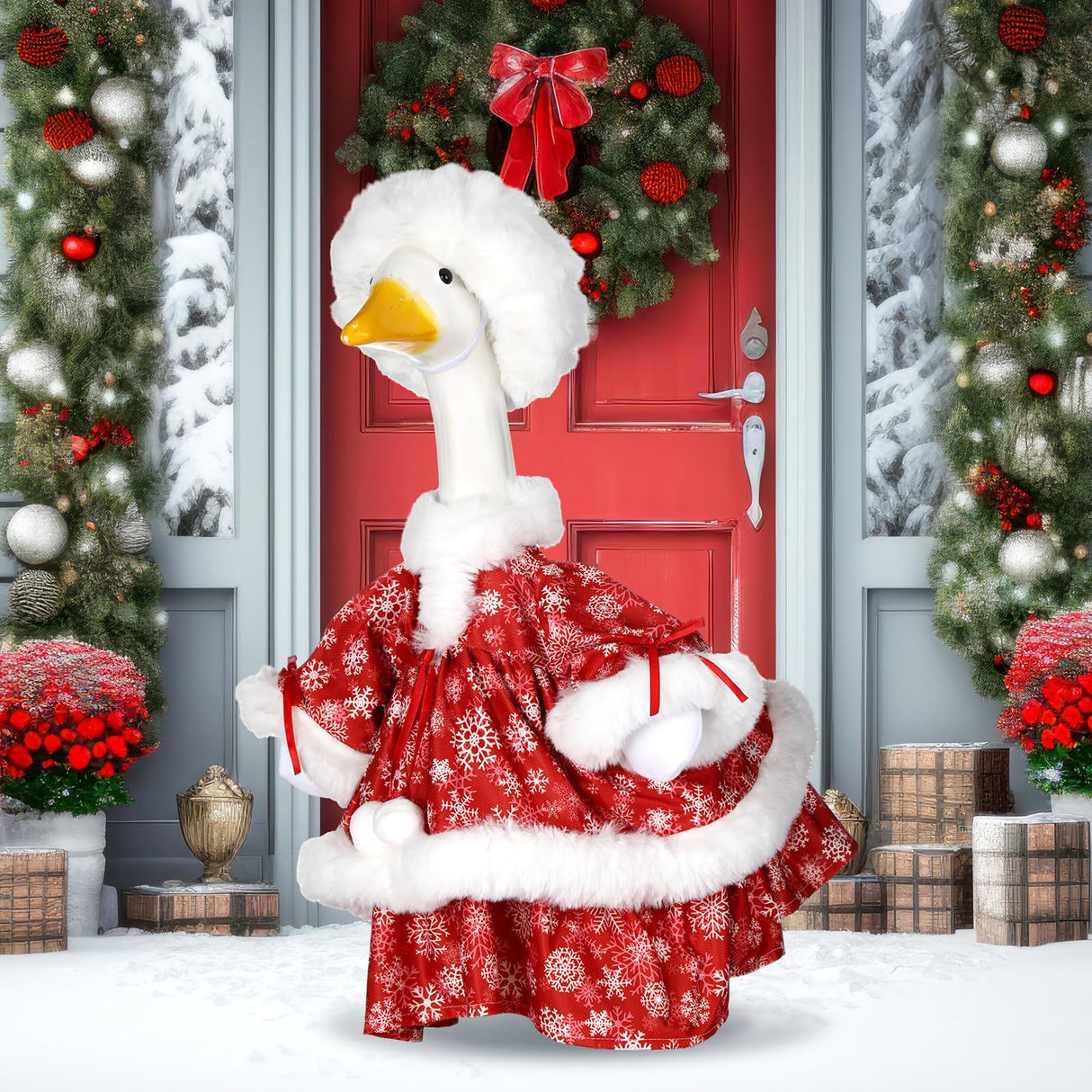 Soulchen 1 Set Christmas Snowflakes Porch Goose Outfit 23 Inch Cement Red and White Goose Dress and Hat Clothes Costume Set for Xmas Winter Holiday Garden Yard Home Decor