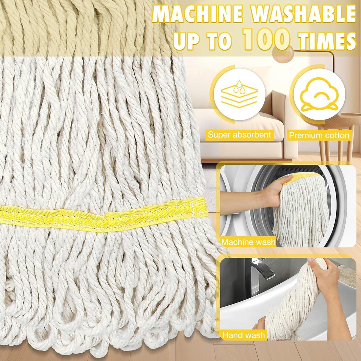 Commercial Industrial Mop Heavy Duty with 3 Replacement Head,Looped-End String Wet Mops with Long Handle for Floor Cleaning, Cotton Mop for Home Garage Office Workshop Warehouse Concrete Floor