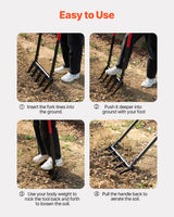 VEVOR Broad Fork, 5-Tine Pitchfork with Dual Fiberglass Handles, Heavy Duty Garden Fork, Ergonomic U-Shaped Design Broadfork Hand Tiller, Gardening Tool for Composting Transplanting Aeration