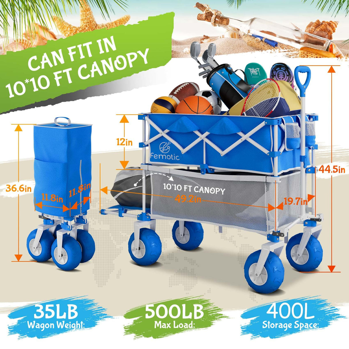 Beach Wagon with Big Wheels for Sand,400L Double Decker Wagon with Extender