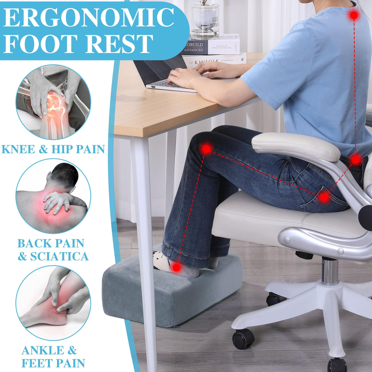 ROYALAY Adjustabl Foot Rest Under Desk for Office, High-Density Foam Foot Rest with 3 Adjustable Heights, Ergonomic Footrest with Washable Cover for Home, Airplane, Travel(17 * 11 * 17in, Gray)