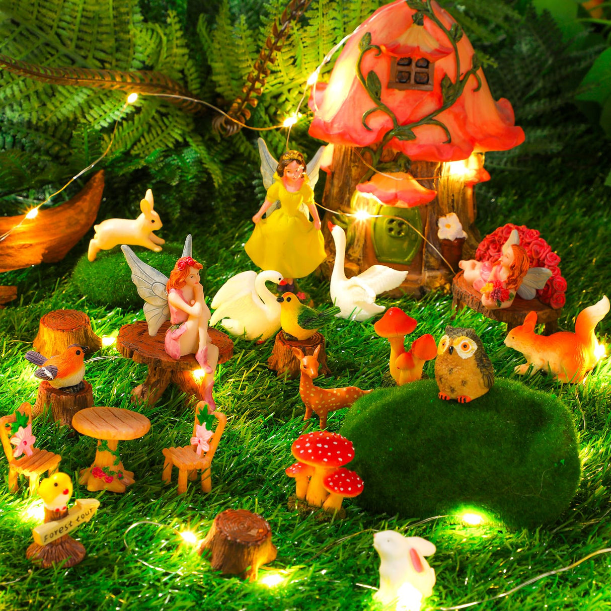 Soaoo Fairy House Garden Figurines Kit Summer Garden Decor Elves Decoration Outdoor Ornaments Animals Butterfly Fairy Mushroom Party Supplies DIY Micro Landscape Dollhouse
