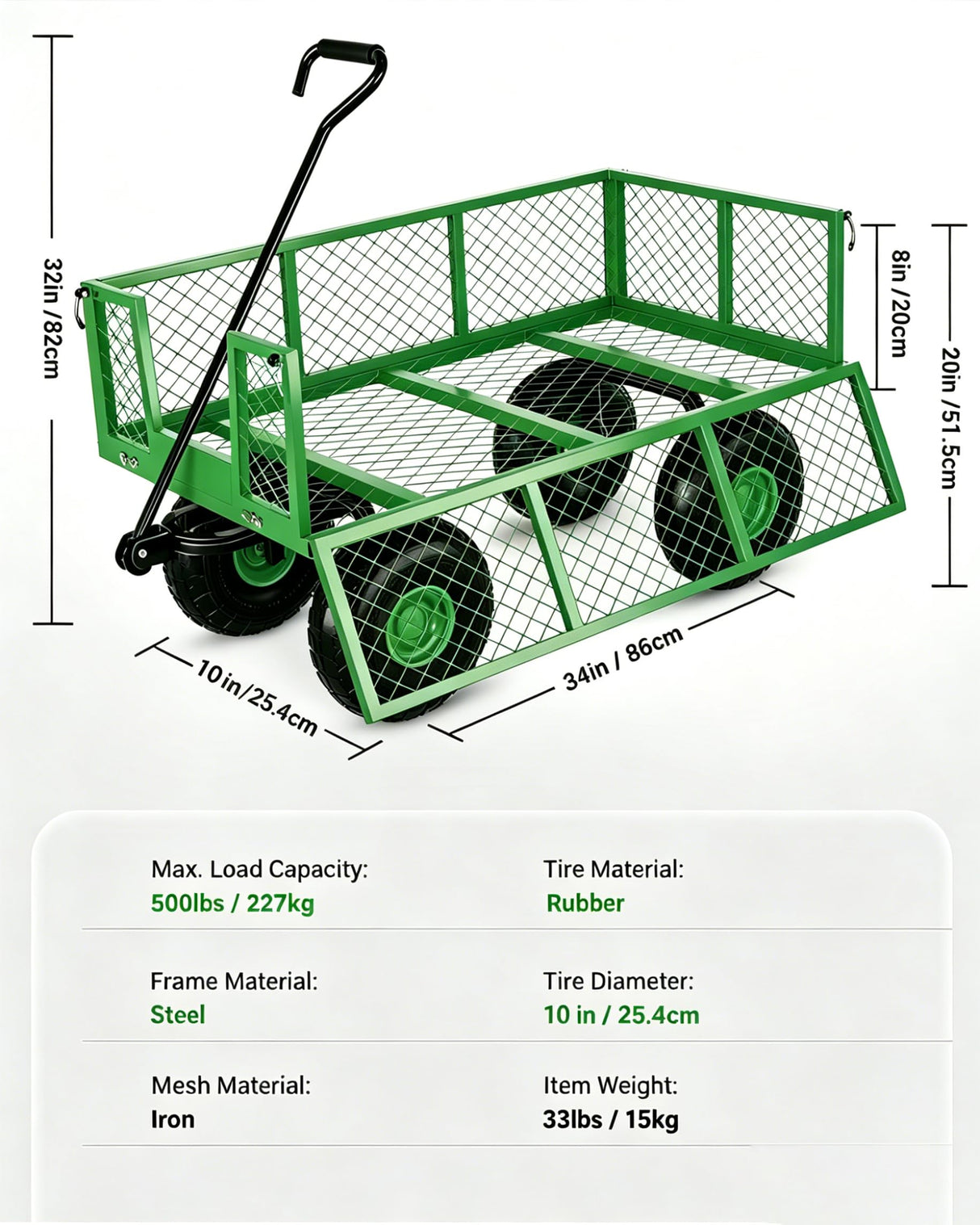 GarveeLife Heavy Duty Steel Garden Cart 500 LBS Capacity 3 in 1 Pullable Garden Wagon with 10 in Wheels for Gardening Soil, Tools, and Plant Transport