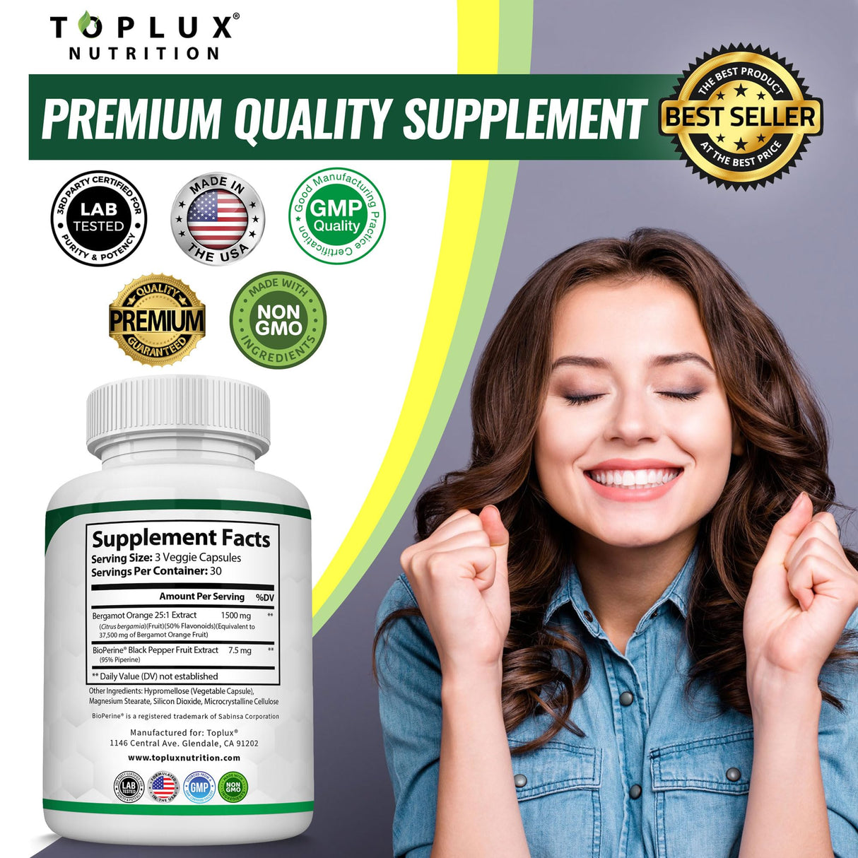 Citrus Bergamot Supplement 1500mg - 25:1 Bergamot Extract to Support Overall Health, Immune System, Potent Antioxidant High Absorption Natural Vegan Non-GMO for Men Women, 90 Capsules