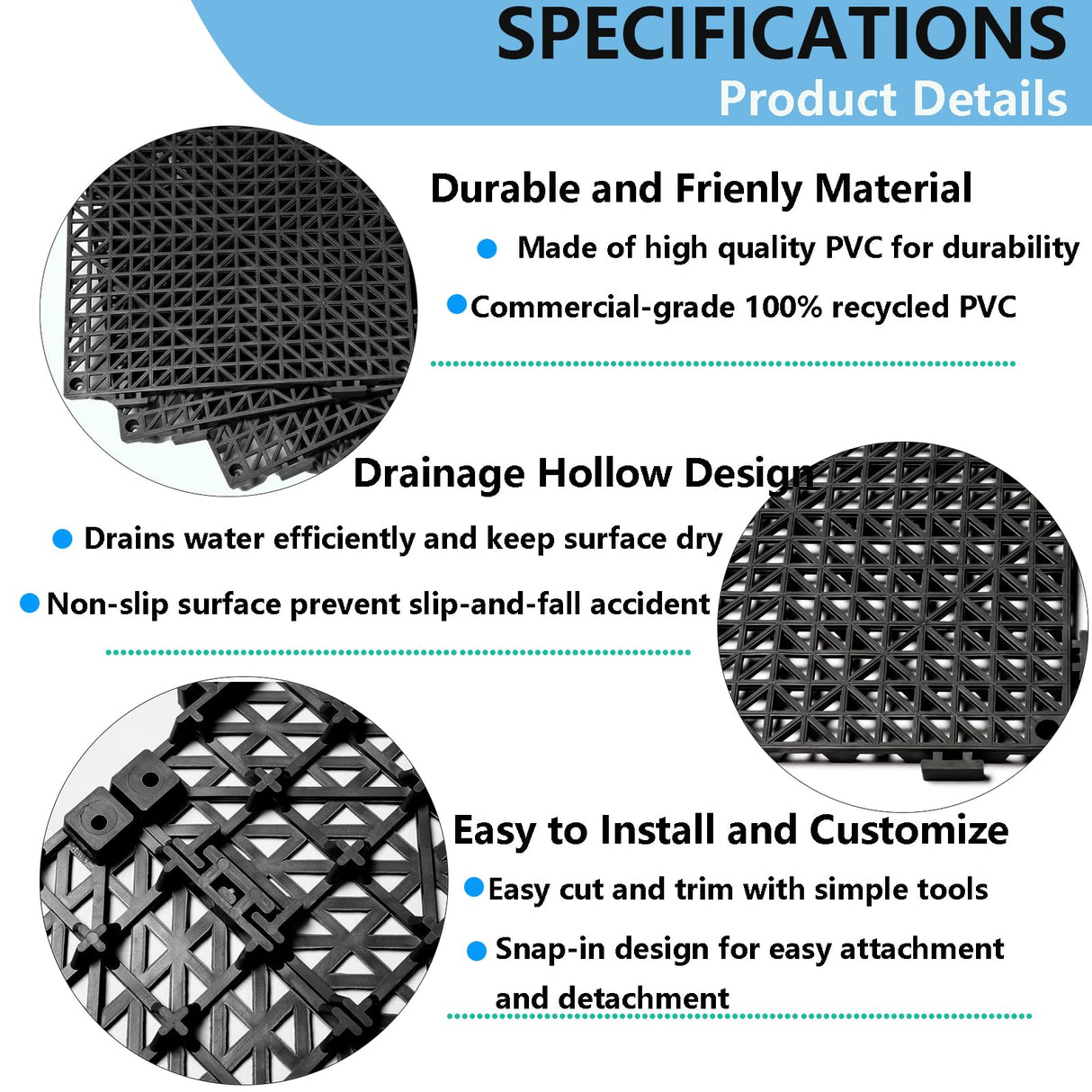 12” x 12” Drainage Interlocking Floor Tiles, 12 Pack Non-Slip Pool Deck Drain Mats for Flooring, Soft PVC Splicing Modular Cushion Mats, Rubber Floor Tiles with Holes for Shower Basement Garage Shed