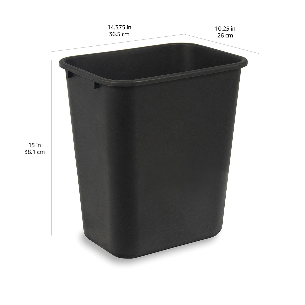 Amazon Basics Rectangular Plastic Office Wastebasket,14.4"L x 10.3"W x 15"H, 7 Gallon, Easy to Clean, Black, Pack of 2