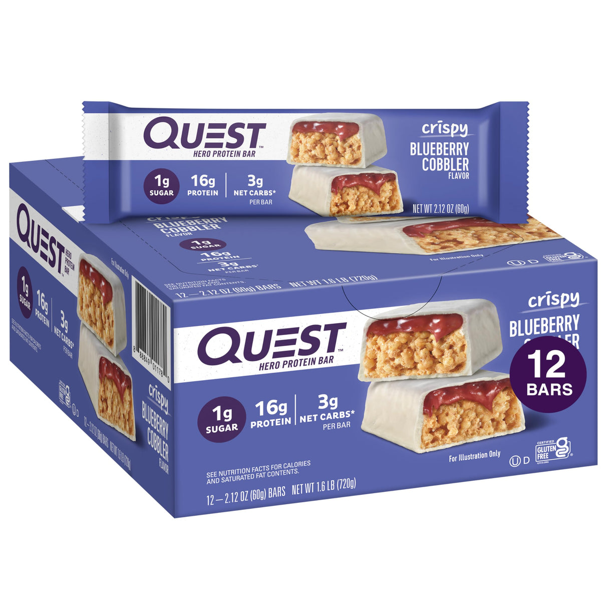 Quest Nutrition Crispy Blueberry Cobbler Hero Protein Bar, 16g Protein, 1g Sugar, 3g Net Carb, Gluten Free Protein Snack, Keto Friendly, 12 Count