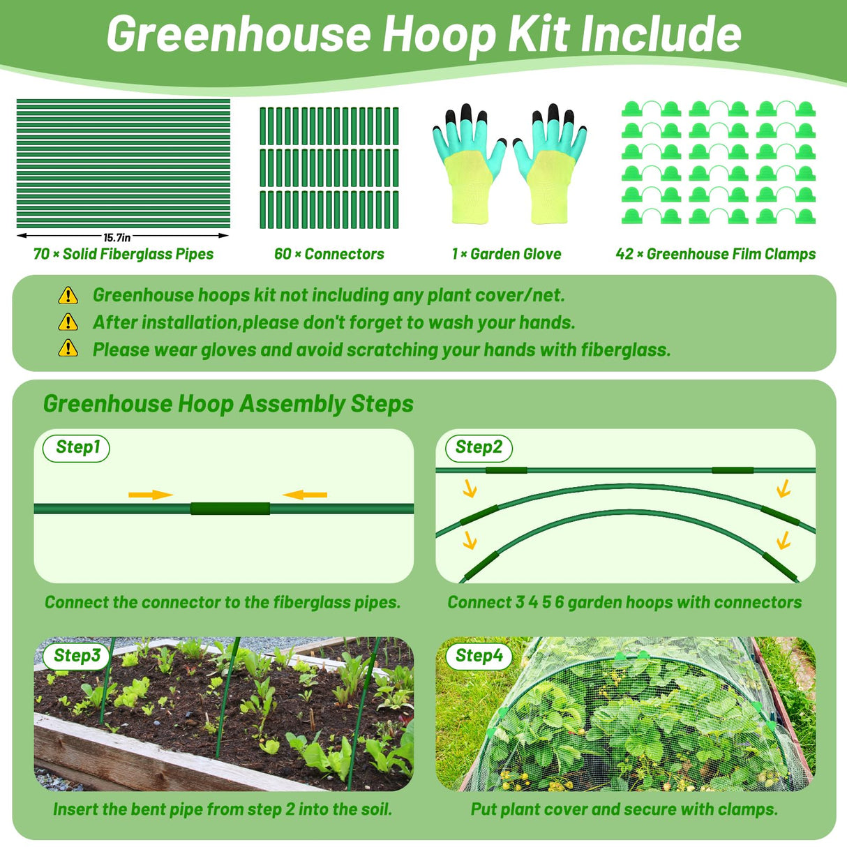 70 PCS Garden Hoops for Raised Beds 14 Sets Garden Tunnel Hoops Greenhouse Hoops Grow Tunnel, Rust-Free Fiberglass Garden Hoops Frame for Netting Shade Cloth Cover