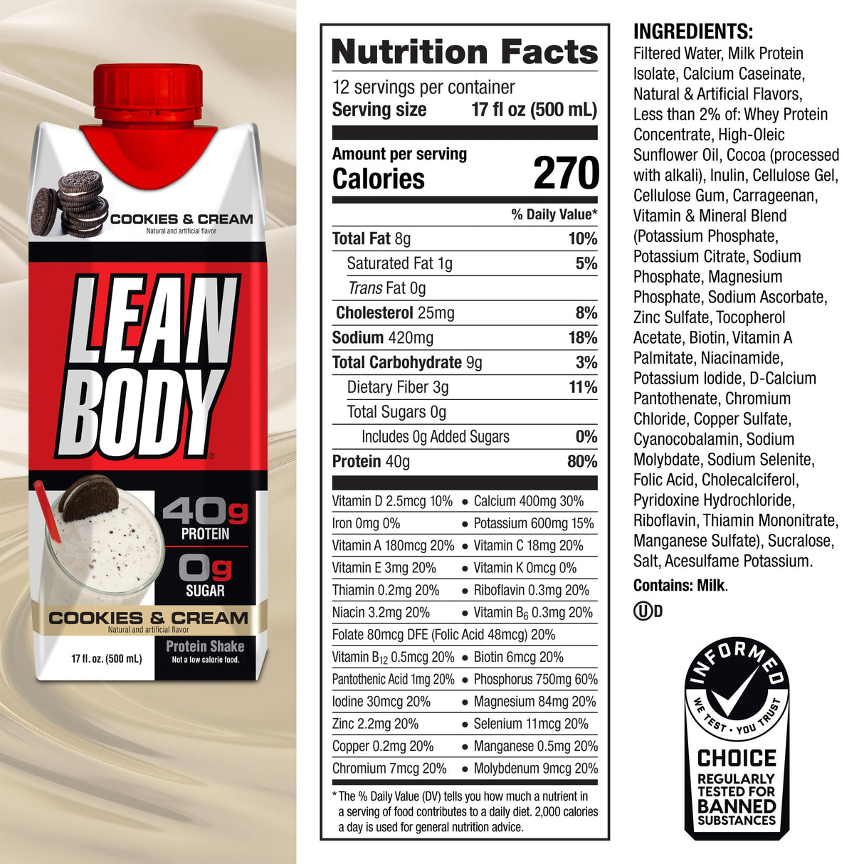 Lean Body Ready-to-Drink Cookies and Cream Protein Shake, 40g Protein, Whey Blend , 0 Sugar, Gluten No, 22 Vitamins & Minerals, (Recyclable Carton & Lid - Pack of 12) LABRADA , 17 Fl Oz (Pack of 12)