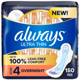 Always Ultra Thin Overnight Pads, Size 4, Overnight, Unscented, 50 Count x 3 Packs (150 Count total) (Packaging May Vary)