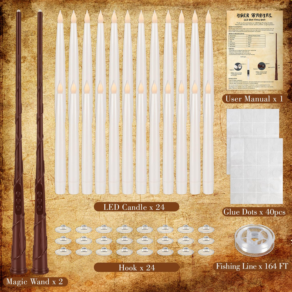 24 Pcs Halloween LED Magic Hanging Floating Candles, Taper Flickering Flameless with 2 Magic Wands - Candle Set for Halloween, Christmas, Weddings, Birthdays & Fantasy Ambiance...