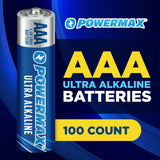 Powermax 100-Count Triple AAA Batteries, Ultra Long Lasting Alkaline Battery for Home and Office, 10-Year Shelf Life, Reclosable Packaging