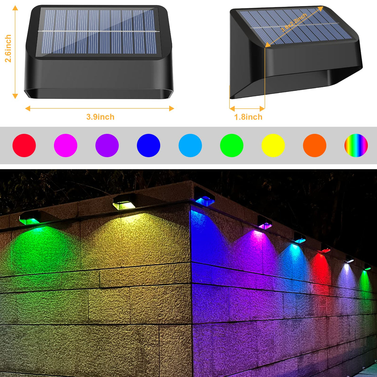 Brighter Solar Fence Lights,Solar Lights Outdoor Waterproof,Warm White and RGB 8 Colors,Dusk to Dawn Deck Light, Outdoor Lighting for Backyard/Railing/Wall/Step/Patio（12 Pack,Black）