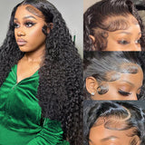 Aatifa 28 Inch Water Wave Lace Front Wigs Human Hair 13x4 HD Transparent Lace Front Human Hair Wigs for Women Deep Curly Lace Wigs Pre Plucked 180% Density Water Wave Lace Frontal Wig with Baby Hair