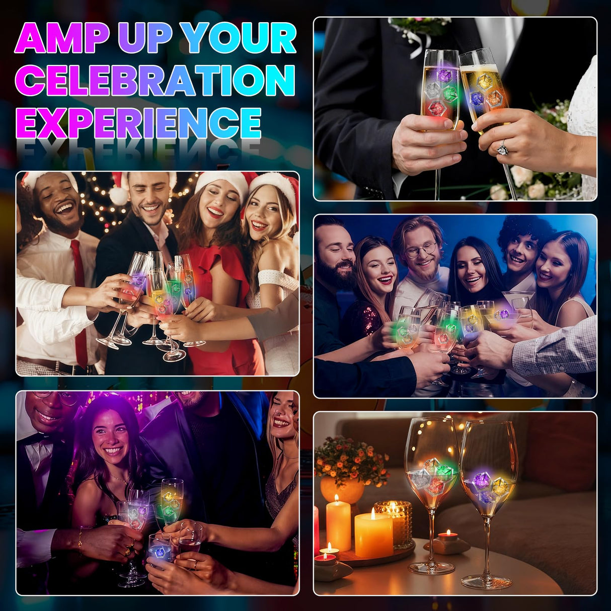 Light Up Ice Cubes, 32 Pack Multi Color Led Ice Cubes for Drinks IP67 Waterproof Reusable Glowing Flashing Changing Lights Water Activated Drink Lights for Cocktails Christmas Party Bar Wedding