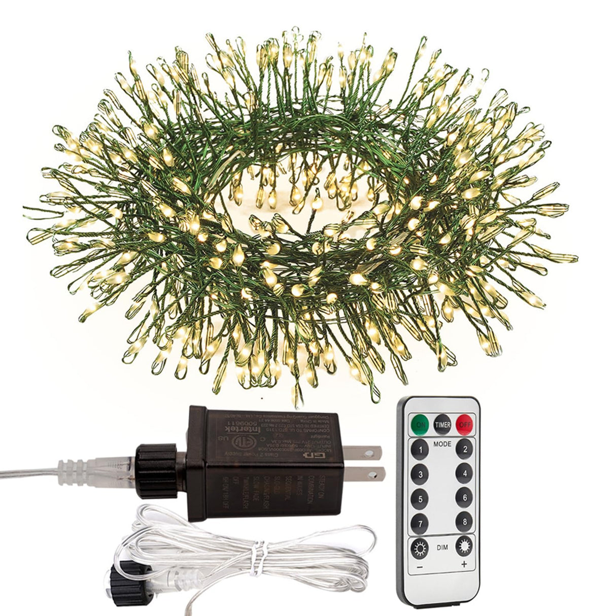 ZELUXDOT Firecracker Fairy Lights,33FT 300Leds Waterproof Twinkle Lights Plug in,8 Modes Remote String Light for Indoor Outdoor Christmas Wedding Birthday Patio Garden Decor,Green Wire,Warm White