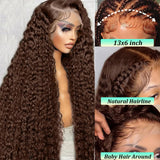 Chocolate Brown Deep Wave Lace Front Wigs Human Hair 13X6 Lace Front Wigs Human Hair Pre Plucked 180% Density HD Transparent Lace Frontal Wigs For Women Colored Deep Curly (Chocolate Brown, 24 Inch)