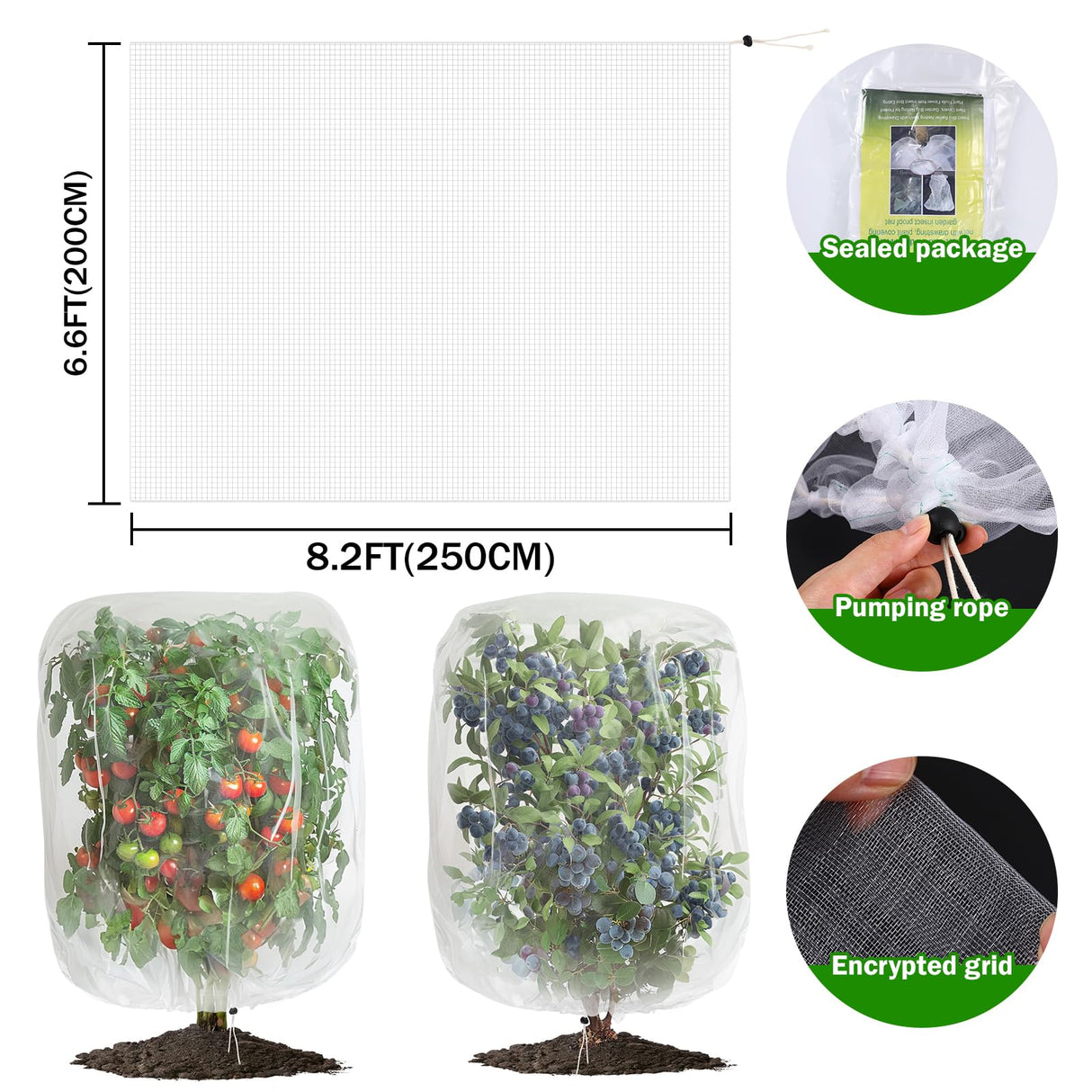 2 PCS Large Fruits Tree Netting Cover for Garden, 6.6 x 8.2 ft Insect Bird Barrier Deer Netting Cover Bag with Drawstring Garden Plant Netting for Tomato Blueberry Bush Netting Covers