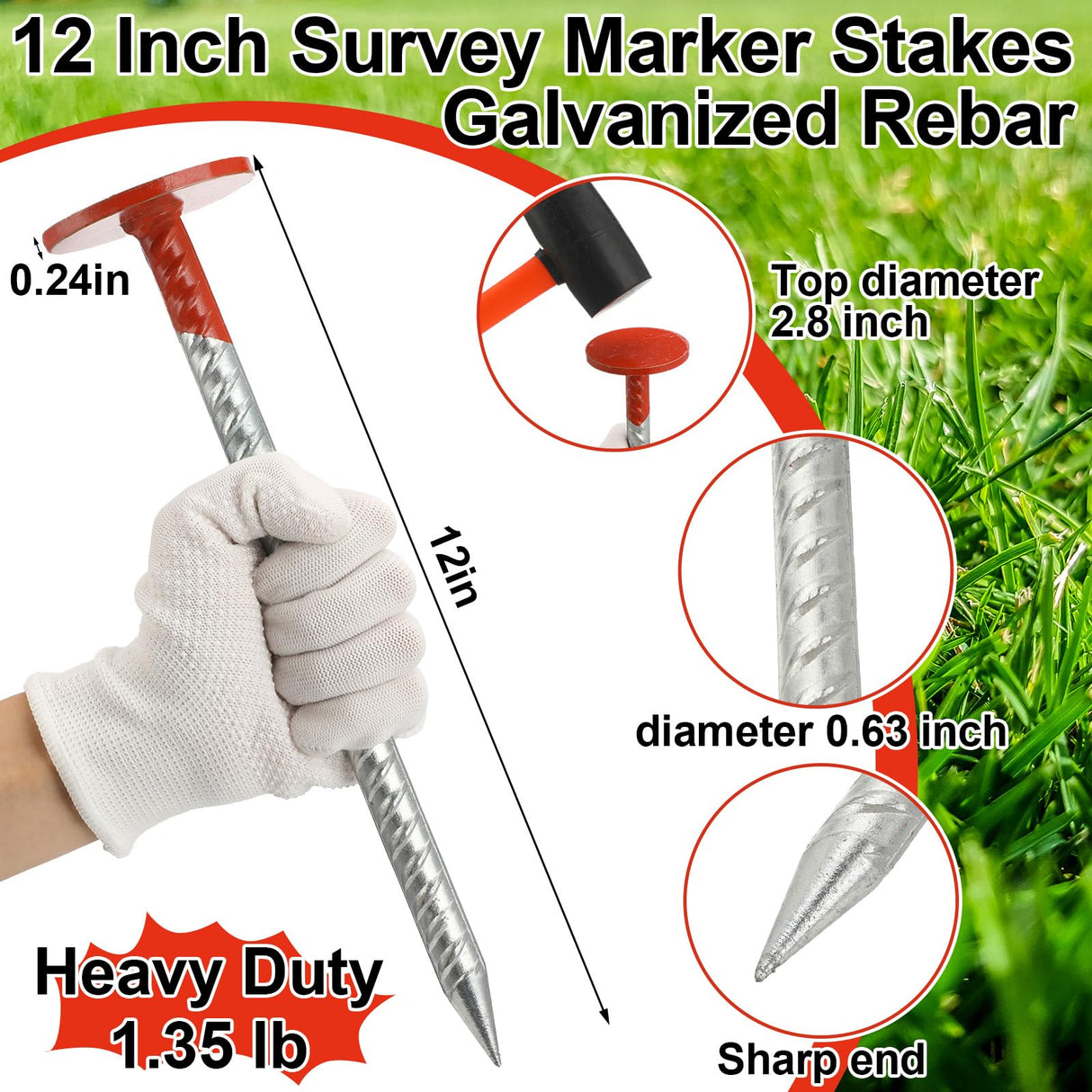 Otoolling 8 Pack 12 Inch Survey Marker Stakes Galvanized Rebar 1.35 lb Heavy Duty Hi Vis Property Line Marker Post for Paver Garden Lawn Landscape Edging Weed Barriers (Orange)