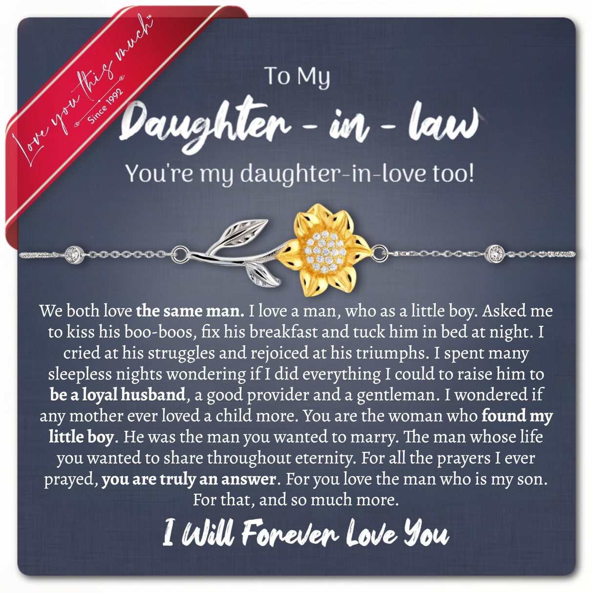 Love You This Much To My Daughter In Law 18k Gold Plated Sunflower Bracelet| Future Daughter in Law Birthday Gifts from Mother in Law | 6-7.5" Adjustable | Luxury Gift Box (Sunflower Bracelet)