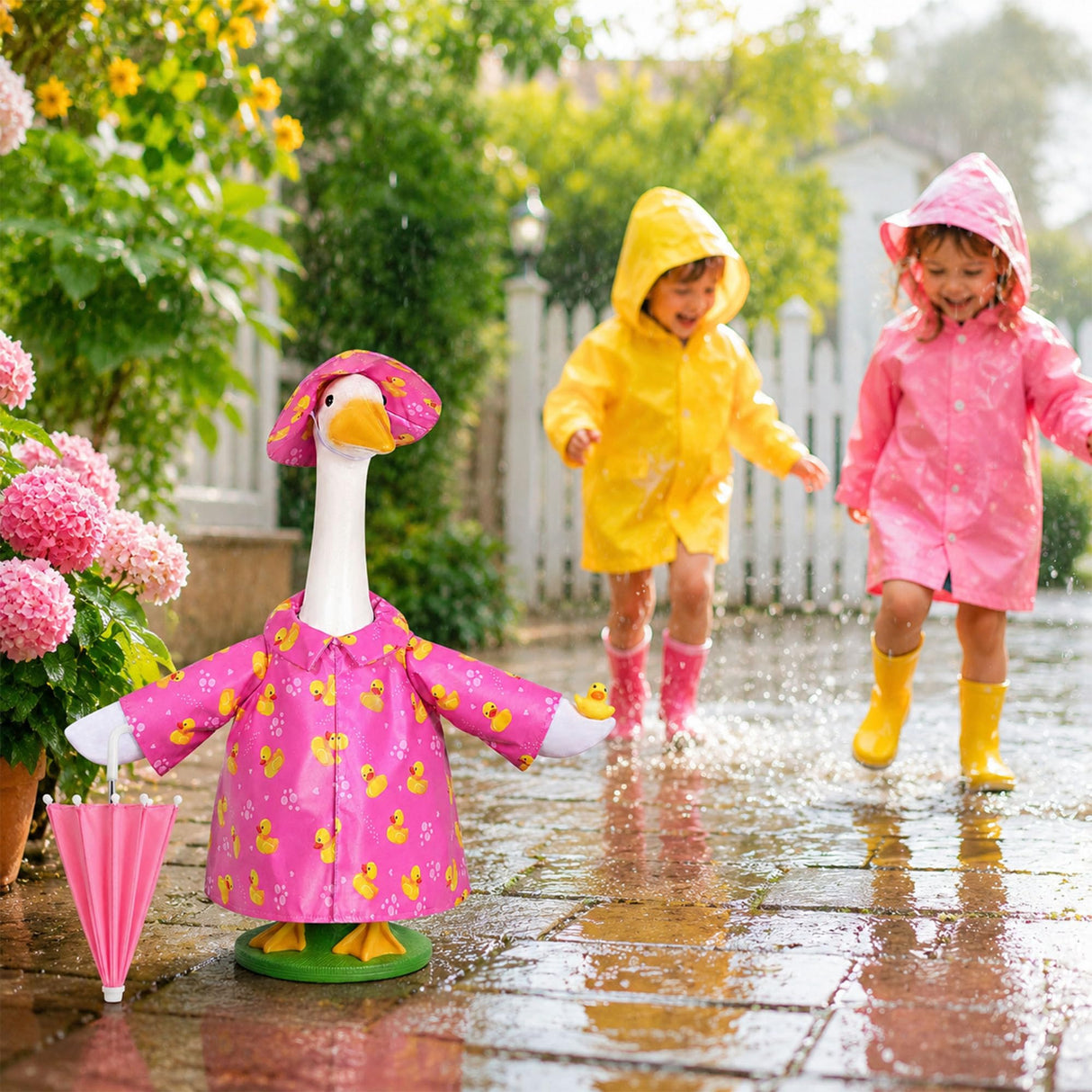 JcHrmers Summer Goose Outfit Porch Goose Raincoat Outfits 23" Yard Geese Rain Jacket with Hat Umbrella Duck for Geese Statue Outdoor Lawn Garden Patio Decor (Pink)
