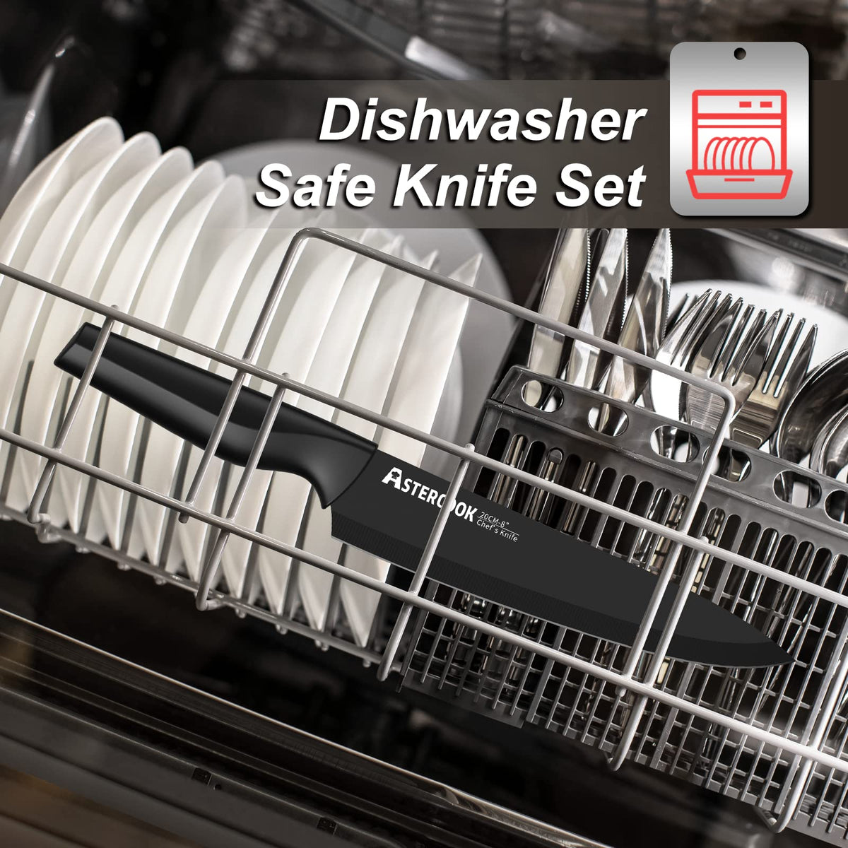 Knife Set, Astercook 21 Pieces Knife Sets for Kitchen with Block, Dishwasher Safe Kitchen Knife Set with Built-in Sharpener, German Stainless Steel Black Knife Block Set, Fathers Day Gift for Men