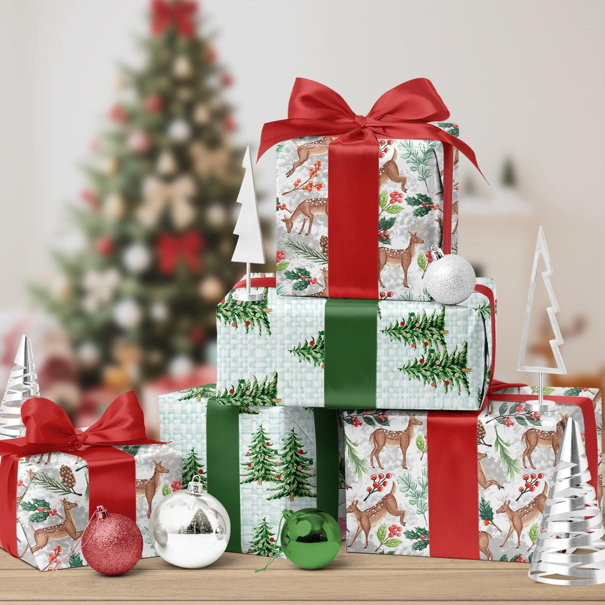 BIOBROWN Reversible Christmas Wrapping Paper - Jumbo Roll - 30 Inch X 33 Feet (82.5 sq. ft. ttl.) - Doe Floral Design Perfect for Xmas, Party, Holiday Gift Wrap