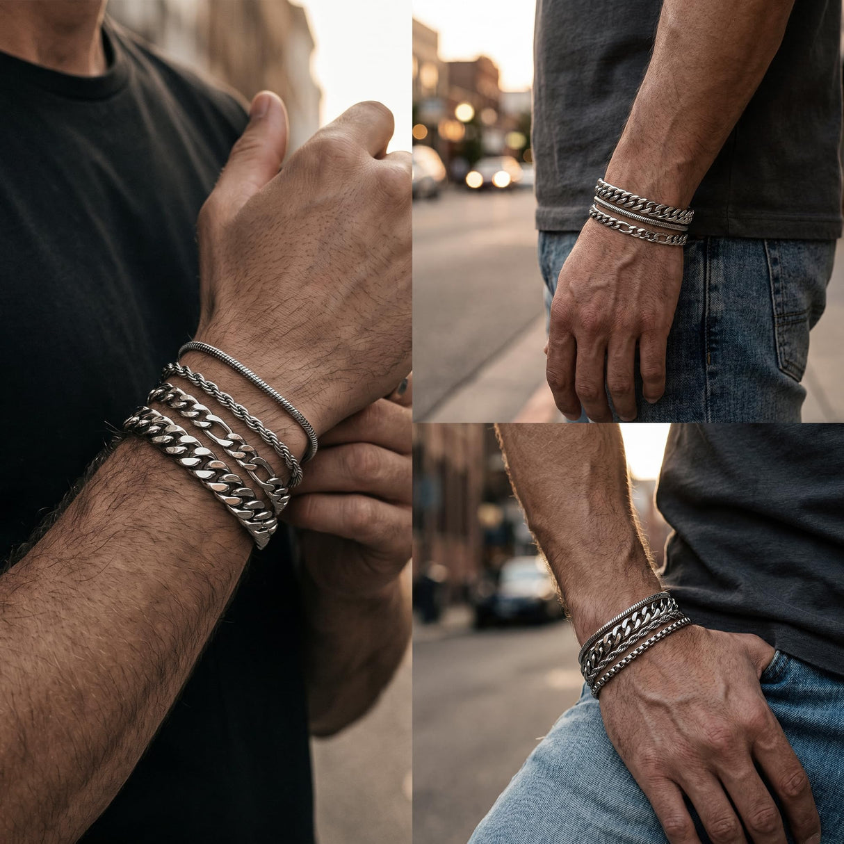 Mosflor 6 Pcs Silver Bracelets for Men, Cuban Link Chain Bracelet Stack Mens Stainless Steel Metal Rope Bracelet Set 8.3 Inches Mens Fashion Accessories Jewelry Non Tarnish for Men Dad Him Husband Son