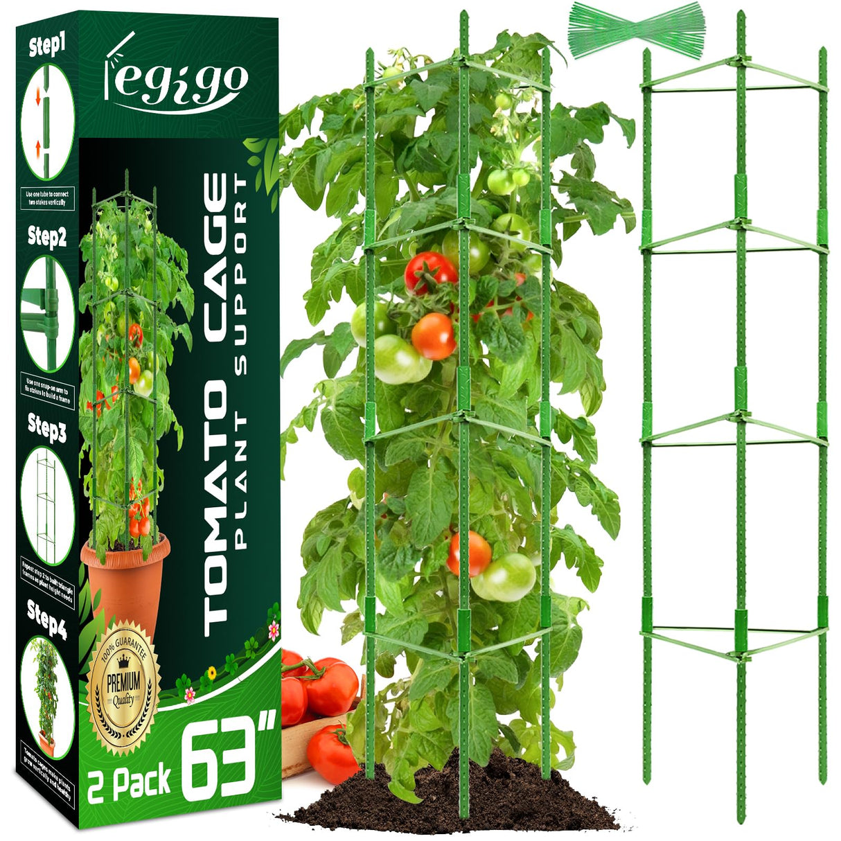 Legigo 2-Pack Tomato Cage for Garden Plant Support- Up to 63inch Garden Stakes Tomato Cage, Tomato Trellis for Potted Plants, Tomato Cages Plant Stakes for Climbing Vegetables Plants Flowers