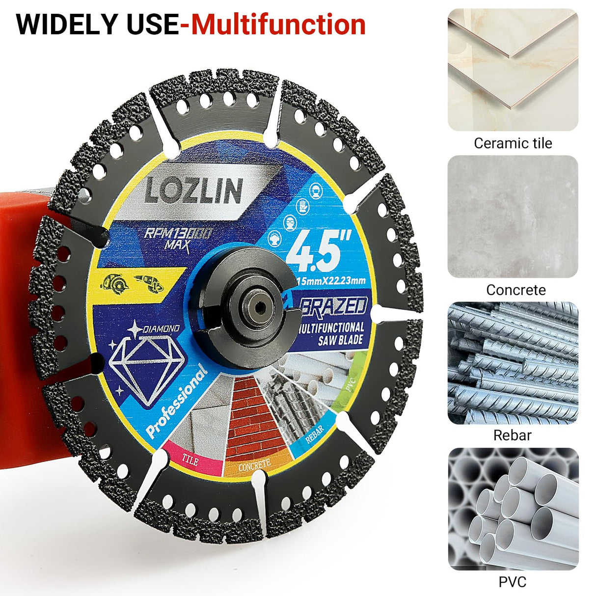 LOZLIN Diamond Blades 3-Pack 4.5" Diamond Multi-Purpose Saw Blades - Heavy Duty Angle Grinder Discs for Cutting Marble/Quartz/Stone/Tile/Metal/Plastic (Black Teeth)
