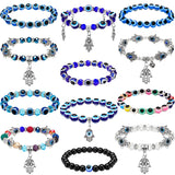 Junkin 12 Pcs Evil Eye Charm Bracelets Hamsa Beaded Charm Hand of Fatima Turkish Greek Blue Eyes Stretch Bracelet Lucky Protection Wristband for Women Men Blessing Gift