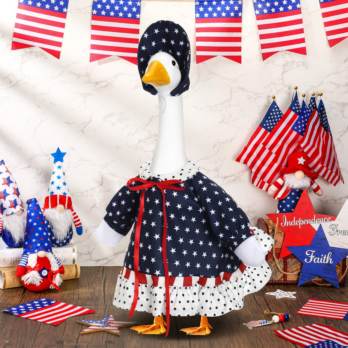 Yeyeplum 4th of July Goose Outfit Set for 23'' Plastic Lawn Porch Goose Statue Clothes Patriotic Skirt with Flag Independence Day Costume for 4th of July Outdoor Patio Yard Lawn(Star Pattern Hat)