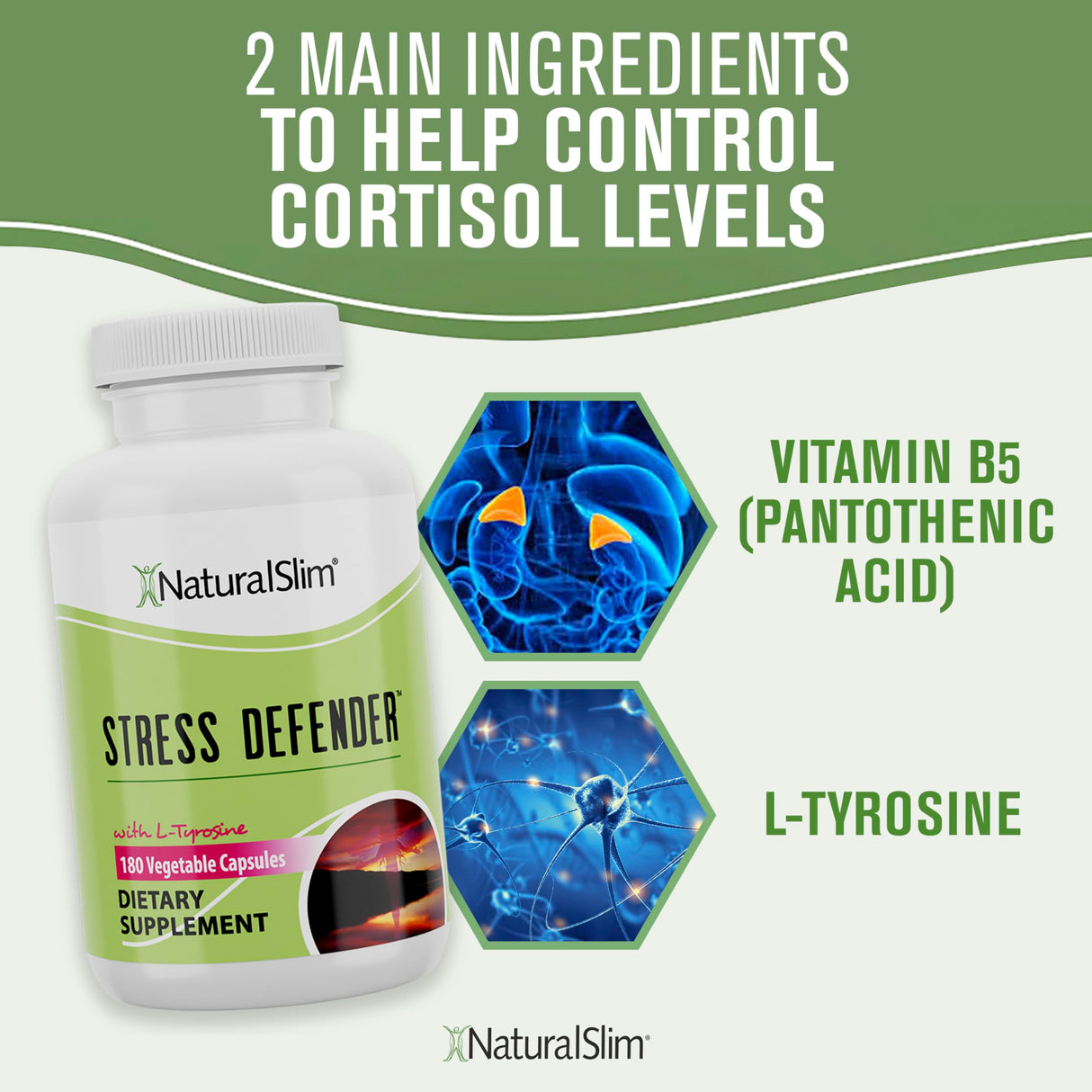 NaturalSlim Stress Relief Supplement - Stress Defender, High Cortisol Reducer, Control Cravings, Sleep & Metabolism Support with Vitamin B5 Pantothenic Acid & L Tyrosine - 180 Vegetable Capsules