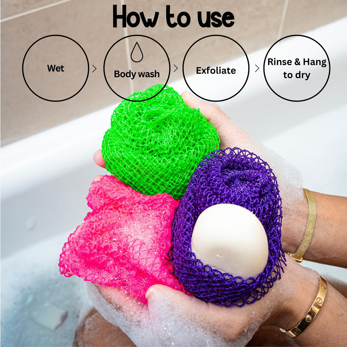 AFRIKI African Net Sponge, African Exfoliating Sponge, Black Owned, Exfoliating Washcloth, Body Exfoliator for Bath and Shower, Back Scrubber, Dead Skin Remover (Green, Purple, 1 Count (Pack of 2))