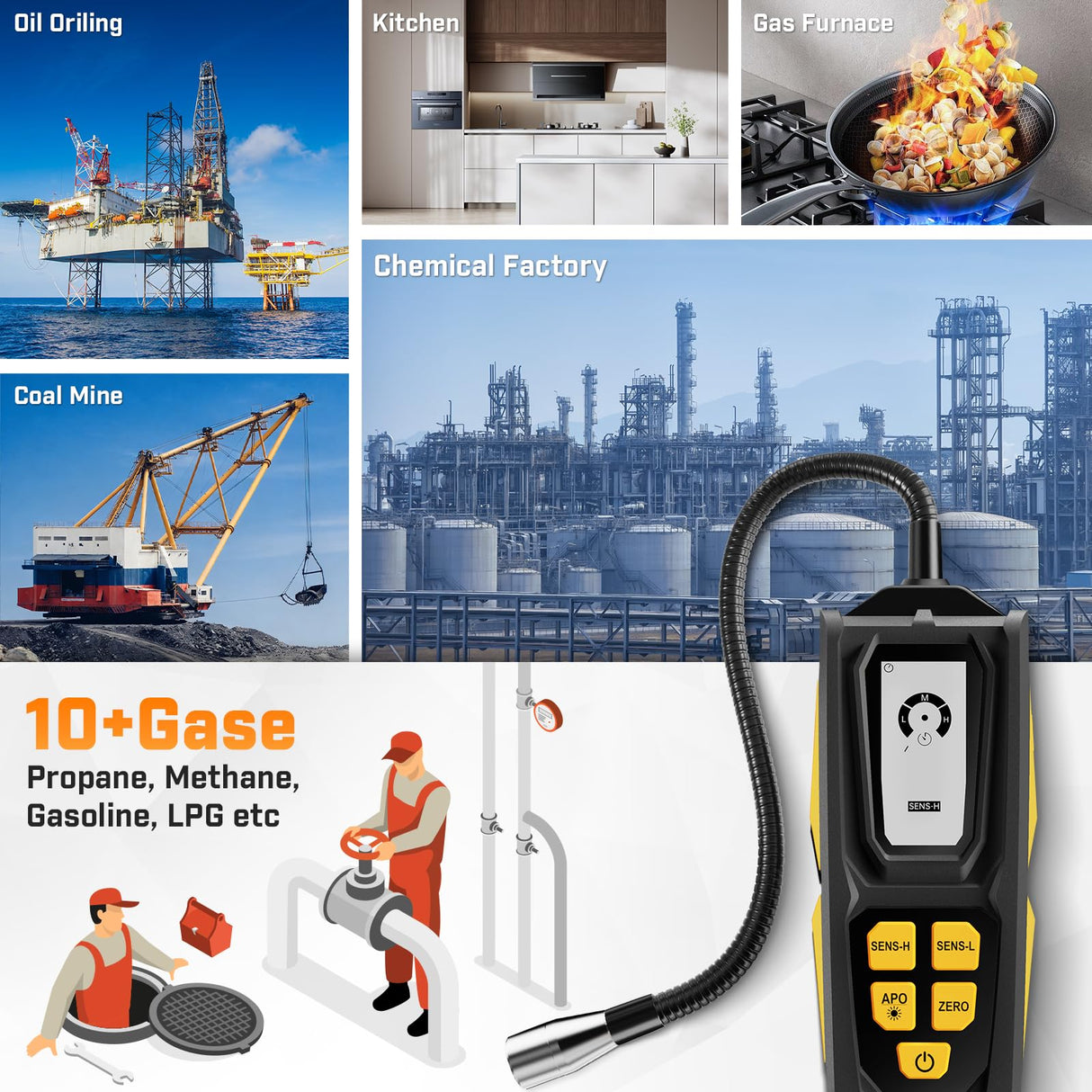 Natural Gas Leak Detector - Propane Leak Detector with 11-Inch Gooseneck for Natural Gas Detectors, Gas Detector Sniffer with Audible & Visual Alarm for Home Combustible Gas Propane Methane