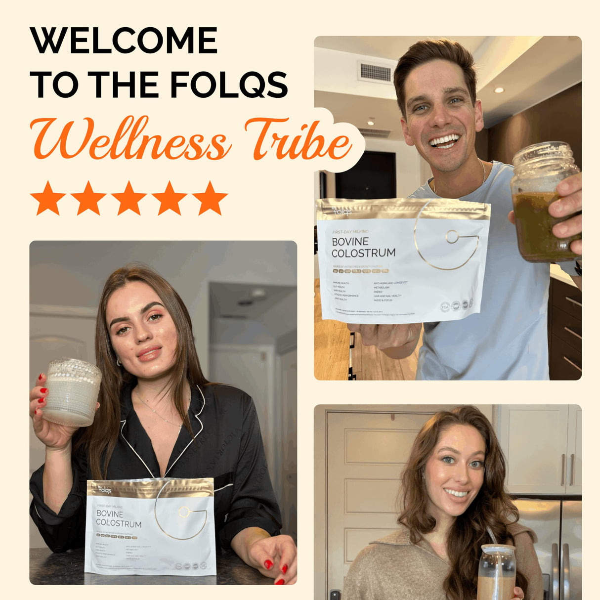 Folqs Bovine Colostrum Powder – First-Day Milking for Immune & Gut Support – 60 Servings – Supports Skin & Tissue Health – Made in USA - Amino Acids, Vitamins, Minerals – Kosher - Sustainably Sourced