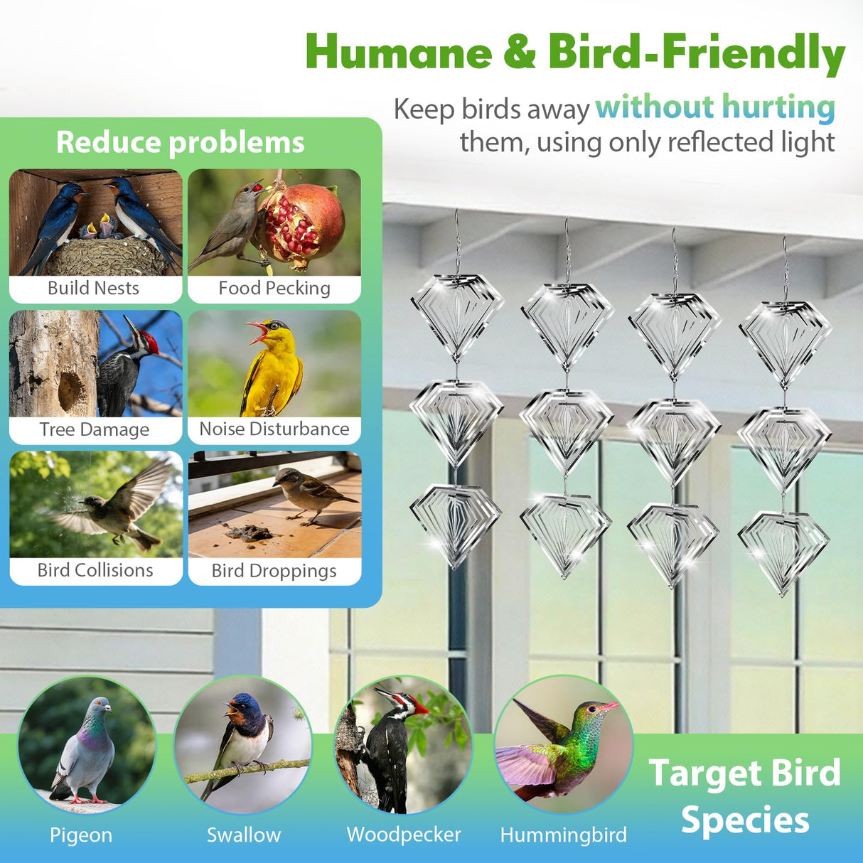Superlong Bird Deterrents for Outside, 12 Discs Stainless Steel 3D Wind Spinners Garden Decor, 4 Sets Reflective Bird Scare Devices to Keep Woodpeckers, Pigeons Away from Patio, Balcony, Porch, Deck