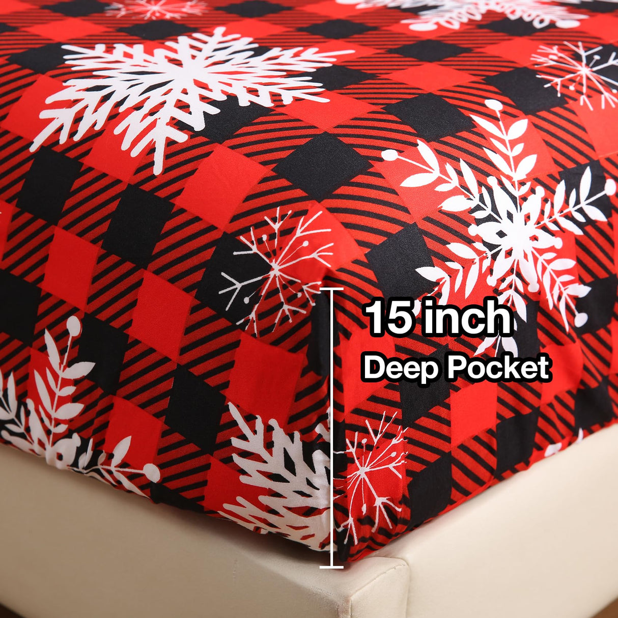 JSD Red Buffalo Plaid Snowflakes Sheet Set Queen Size, 4 Piece Christmas Winter Microfiber Bedding Sheets Extra Deep Pocket