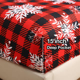 JSD Red Buffalo Plaid Snowflakes Sheet Set Queen Size, 4 Piece Christmas Winter Microfiber Bedding Sheets Extra Deep Pocket
