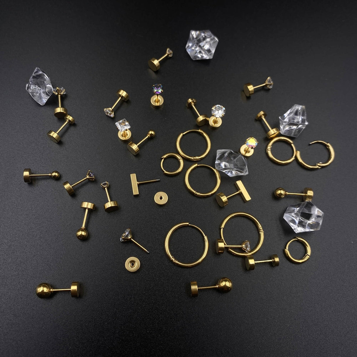 Hypoallergenic Titanium Earrings for Sensitive Ears 14K Gold Plated Opal Ball CZ Heart Flat Back Earrings for Women Men Small Surgical Steel Flatback Stud Hoop Cartilage Earring Set for Multiple Piercing (D-Gold Tone-16Pairs)