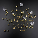 Hypoallergenic Titanium Earrings for Sensitive Ears 14K Gold Plated Opal Ball CZ Heart Flat Back Earrings for Women Men Small Surgical Steel Flatback Stud Hoop Cartilage Earring Set for Multiple Piercing (D-Gold Tone-16Pairs)